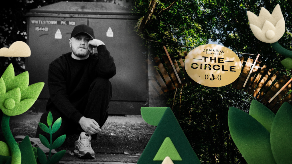Promotional graphic showing a seated man in black clothing surrounded by green and cream illustrated shapes, with The Circle by Jameson Music signage.